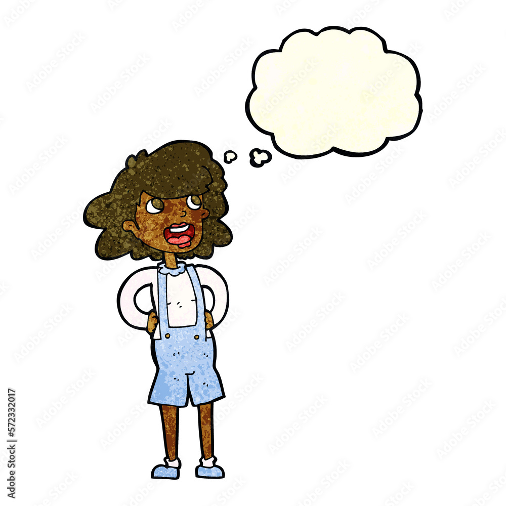 cartoon woman in dungarees with thought bubble cartoon woman in dungarees with thought bubble