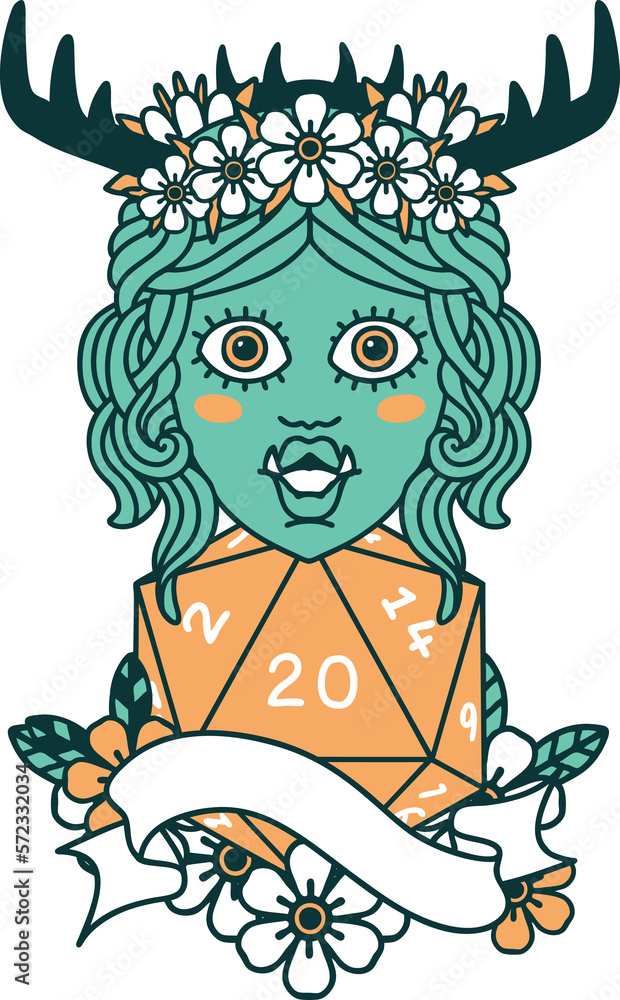 half orc druid character with natural 20 dice roll illustration half orc druid character with natural 20 dice roll illustration