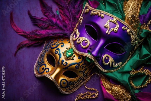 Assorted Mardi Gras or Carnivale mask on a purple background stock photo Mardi Gras, Bead, Backgrounds, Mask - Disguise, Decoration