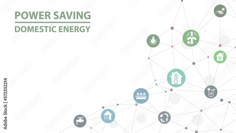 Power saving and Domestic energy vector illustration. Green concept with icons lowering energy cost, energy efficiency, adjusting thermostat temperature.