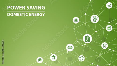 Power saving and Domestic energy vector illustration. Green concept with icons lowering energy cost, energy efficiency, adjusting thermostat temperature.