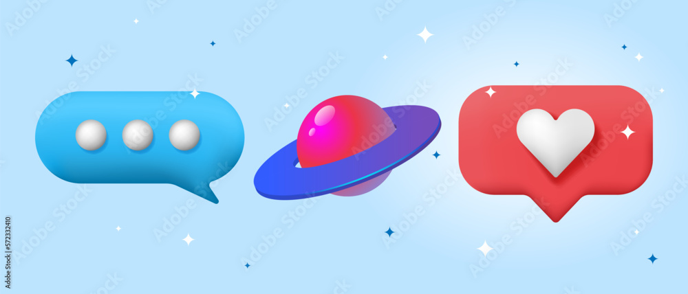 Set of icons, social media speech bubble, ufo ship, heart speech and stars Set of icons, social media speech bubble, ufo ship, heart speech and stars