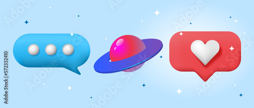 Set of icons, social media speech bubble, ufo ship, heart speech and stars
