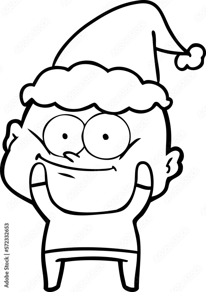 line drawing of a bald man staring wearing santa hat