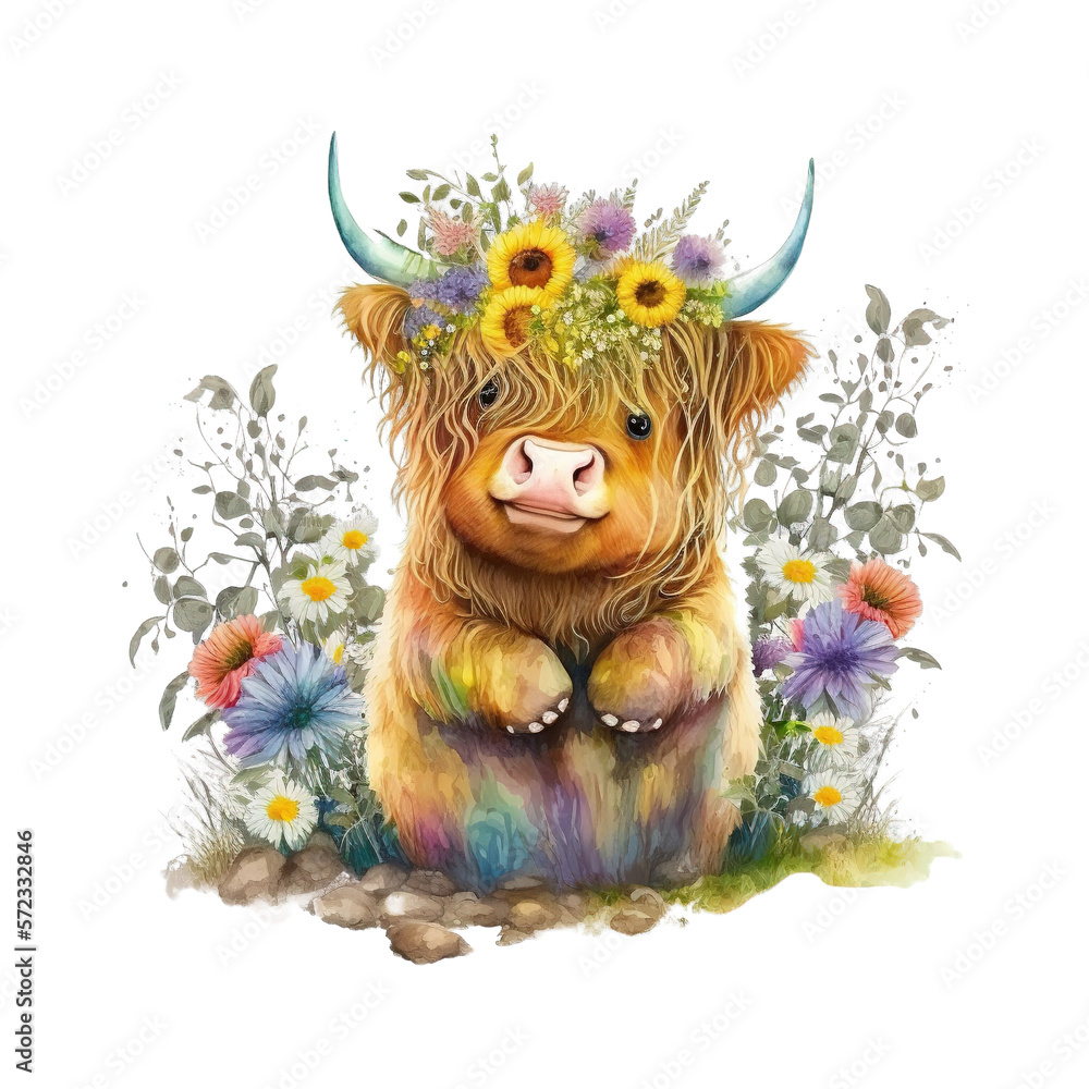 Cute Baby Highland cow on Spring Flowers Garden Watercolor PNG