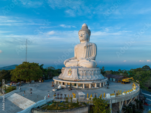 aerial photography scenery blue sky and blue ocean behind Phuket white big Buddha. Phuket white big Buddha is the .famous landmark in Phuket..Aerial panoramic view landscape Phuket big Buddha.