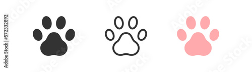 Cat paw icon on light background. Pet symbol. Zoo, pink trace, pet store. Outline, flat and colored style. Flat design. Vector illustration.