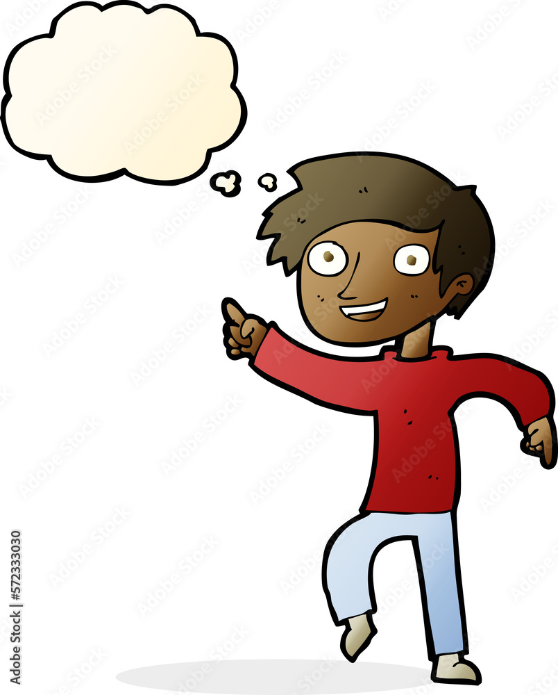 cartoon happy boy pointing with thought bubble cartoon happy boy pointing with thought bubble