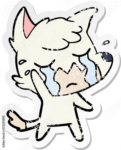 distressed sticker of a crying waving fox cartoon