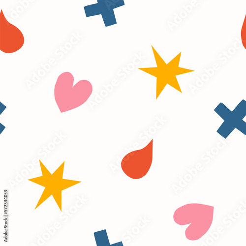Hand drawn cute naive seamless pattern with drops, heart, stars and cross shapes. Flat vector medicine blood donation print design in quirky doodle style. Repeated background, wrapping or wallpaper.