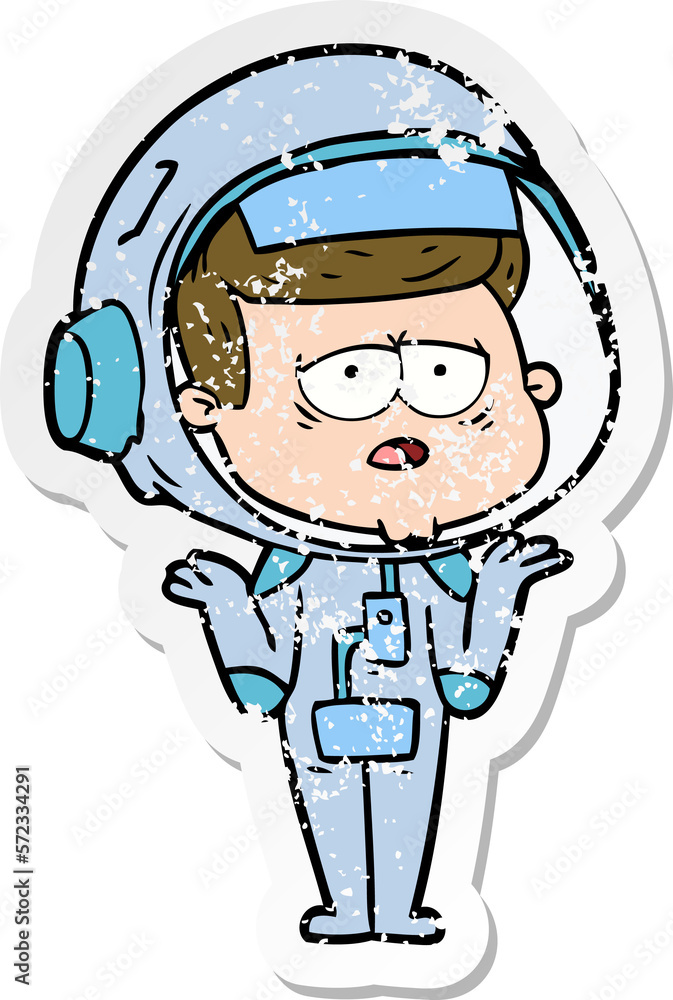 distressed sticker of a cartoon tired astronaut distressed sticker of a cartoon tired astronaut
