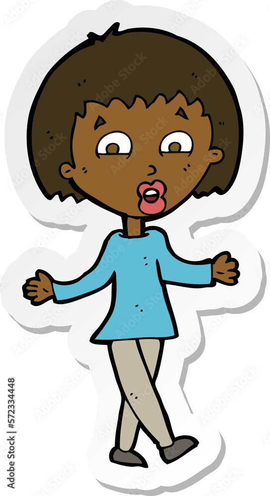 sticker of a cartoon woman shrugging shoulders sticker of a cartoon woman shrugging shoulders