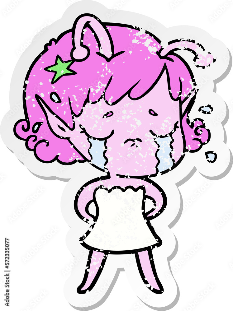 distressed sticker of a cartoon crying alien girl distressed sticker of a cartoon crying alien girl
