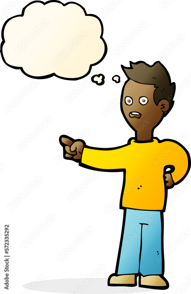 cartoon shocked boy pointing with thought bubble cartoon shocked boy pointing with thought bubble