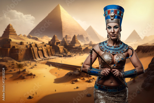 Portrait of glamor pharaoh woman holding whip and hook in cross.