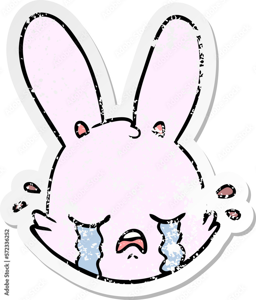 distressed sticker of a cartoon crying bunny face distressed sticker of a cartoon crying bunny face