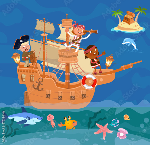 Wooden old ship with sails and cannons. Cute pirates and sea creatures. Chest of gold coins on island with palm trees. Vector illustration. Scene for puzzles, games, books. 