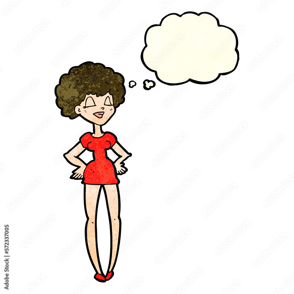 cartoon happy woman with hands on hips with thought bubble cartoon happy woman with hands on hips with thought bubble