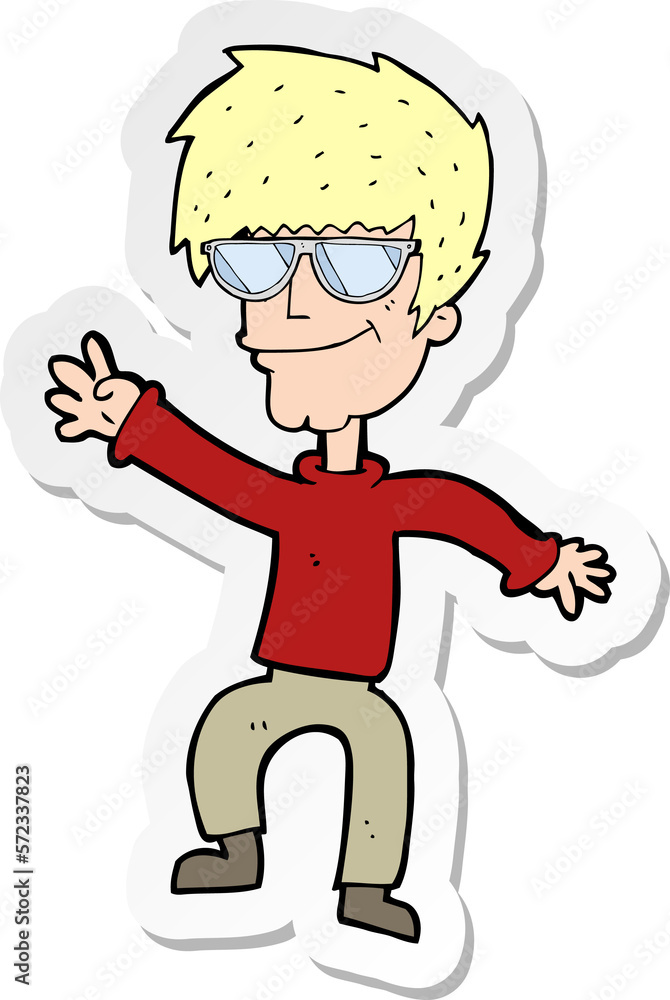 sticker of a cartoon waving cool guy sticker of a cartoon waving cool guy