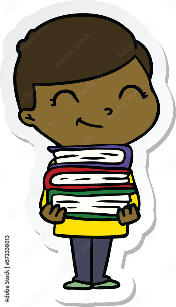 sticker of a cartoon boy with books smiling sticker of a cartoon boy with books smiling