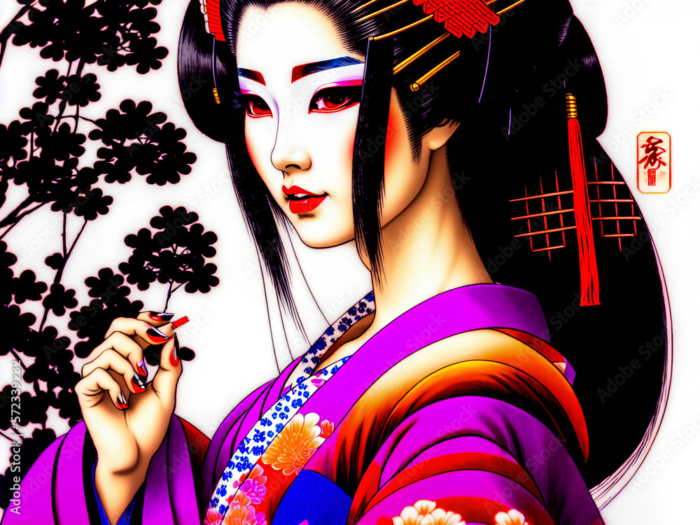 Geisha in classic Japanese costume. Drawing of a Japanese woman in a ...