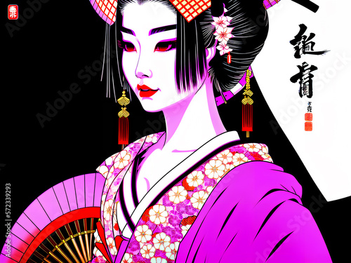 Geisha in classic Japanese costume. Drawing of a Japanese woman in a classic costume. Geisha drawing in Japanese culture. Colorful makeup in Japan. Generative AI.