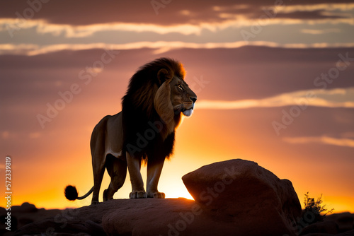 Lion, powerful, muscular, golden brown fur, sharp claws, fierce eyes, majestic mane, standing on a rock, watching the sunrise
