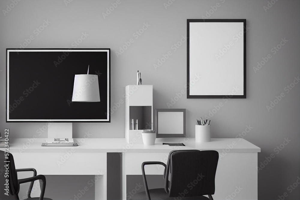 Grey business room interior with desk and pc computer, window. Mockup ...
