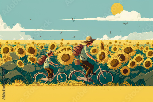 A group of friends riding bicycles through a sunflower field , illustration - Generative AI