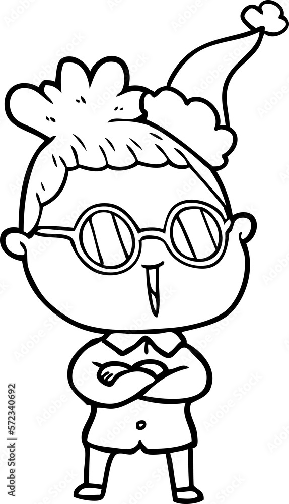 line drawing of a woman wearing spectacles wearing santa hat line drawing of a woman wearing spectacles wearing santa hat