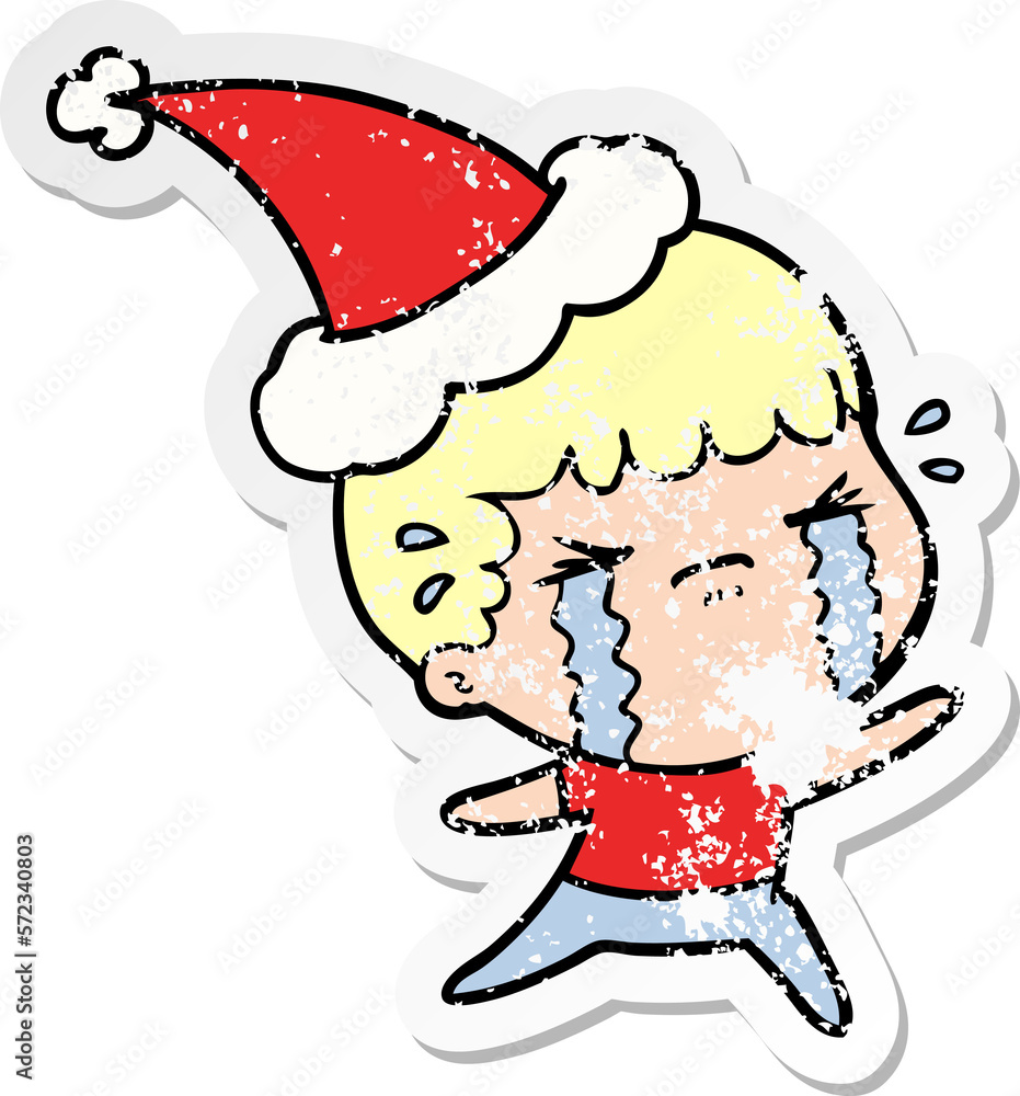 distressed sticker cartoon of a man crying wearing santa hat distressed sticker cartoon of a man crying wearing santa hat