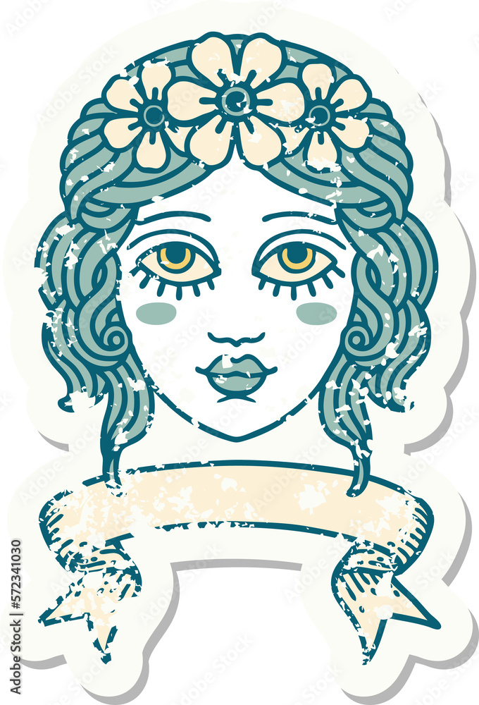 grunge sticker with banner of female face with crown of flowers grunge sticker with banner of female face with crown of flowers