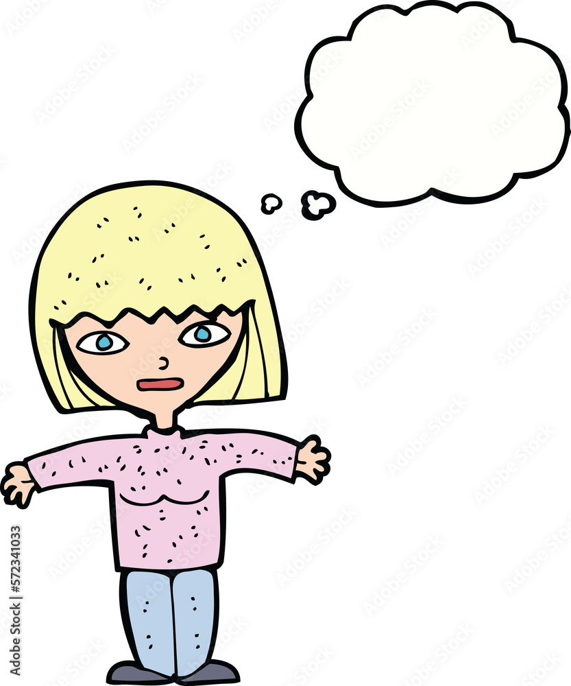 cartoon woman with open arms with thought bubble cartoon woman with open arms with thought bubble