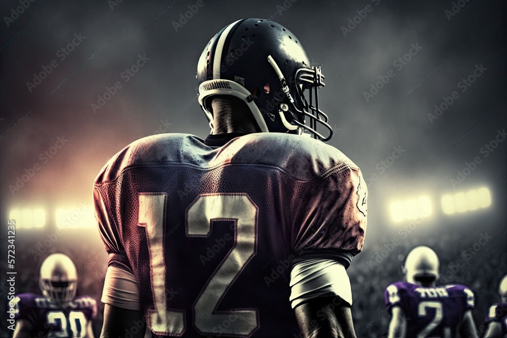 American football players in a magnificent stadium, blurred backlight, sunlight, ultrafine details, background. Generative AI. American football players in a magnificent stadium, blurred backlight, sunlight, ultrafine details, background. Generative AI.