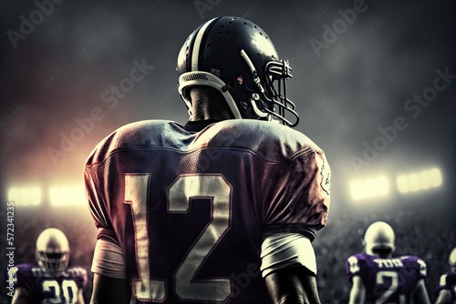 American football players in a magnificent stadium, blurred backlight, sunlight, ultrafine details, background. Generative AI.