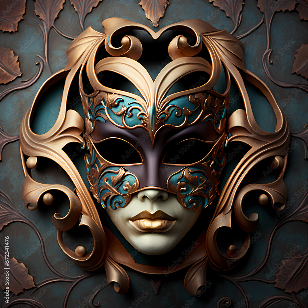 masquerade mask sculpture with art nouveau patterns, illustration made with generative ai