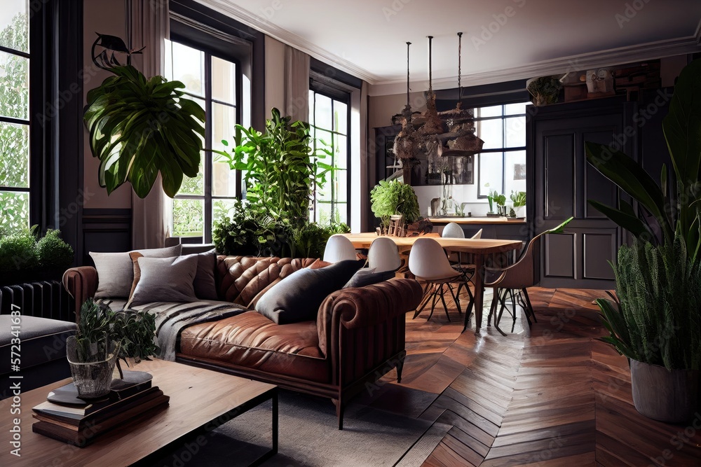 Designer Interior of an open and elegant living and dining area includes a sofa and a family table. Living room with plants, dark wood parquet and lots of natural light. Generative AI.