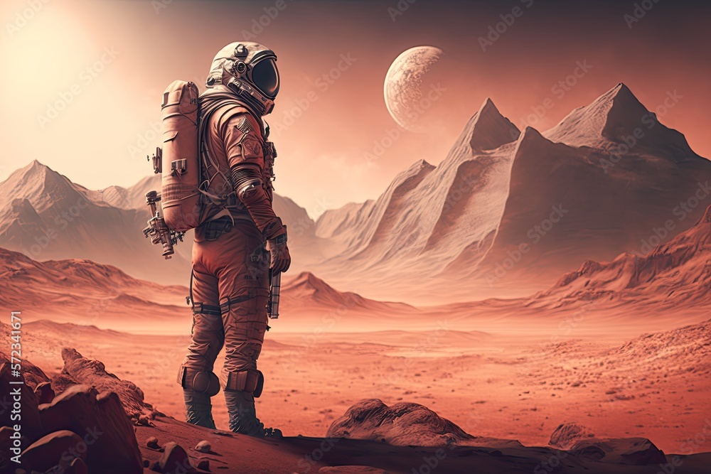 Astronaut on mars the red planet. Landscape with desert and mountains, Colonization of Mars. Generative AI.