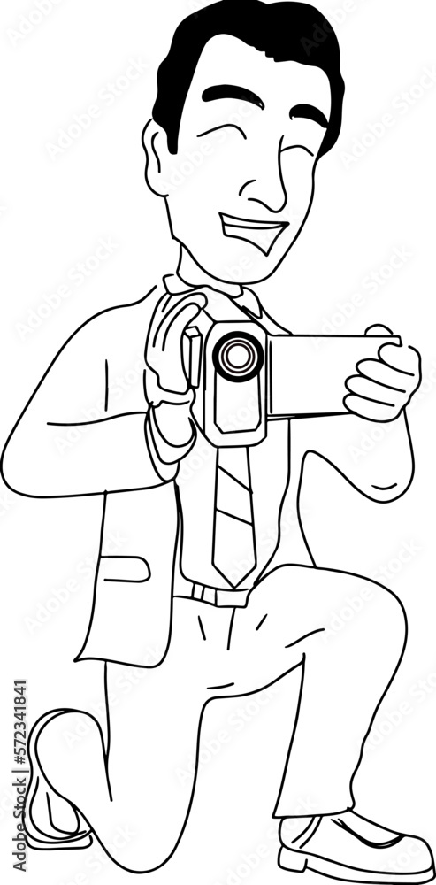 Monochrome line art illustration of professional man holding video camera, sketch drawing of cameraman, videographer with camera. shooting of movie production Monochrome line art illustration of professional man holding video camera, sketch drawing of cameraman, videographer with camera. shooting of movie production