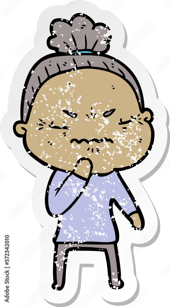 distressed sticker of a cartoon annoyed old lady distressed sticker of a cartoon annoyed old lady
