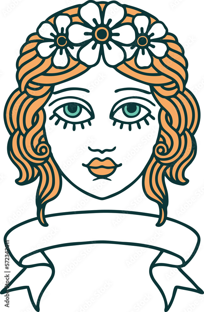 tattoo with banner of female face with crown of flowers tattoo with banner of female face with crown of flowers
