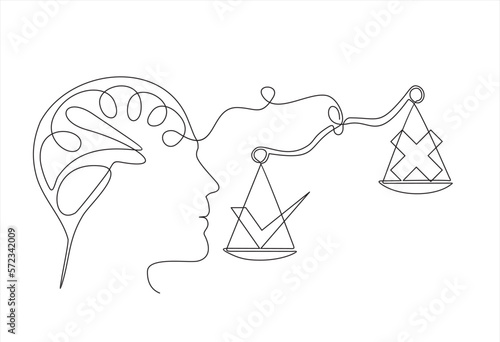 continuous stylized modern drawing of a human head and brain thinking about thinking about the choice, dilemma, yes or no. Badges Yes and No on Scales. Check marks list icons YES or NO.