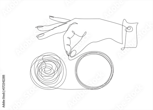 Chaos and order abstract minimalist concept vector illustration. Metaphor of disorganized difficult problem, mess with black single continuous tangle thread in need of unraveling isolated on white