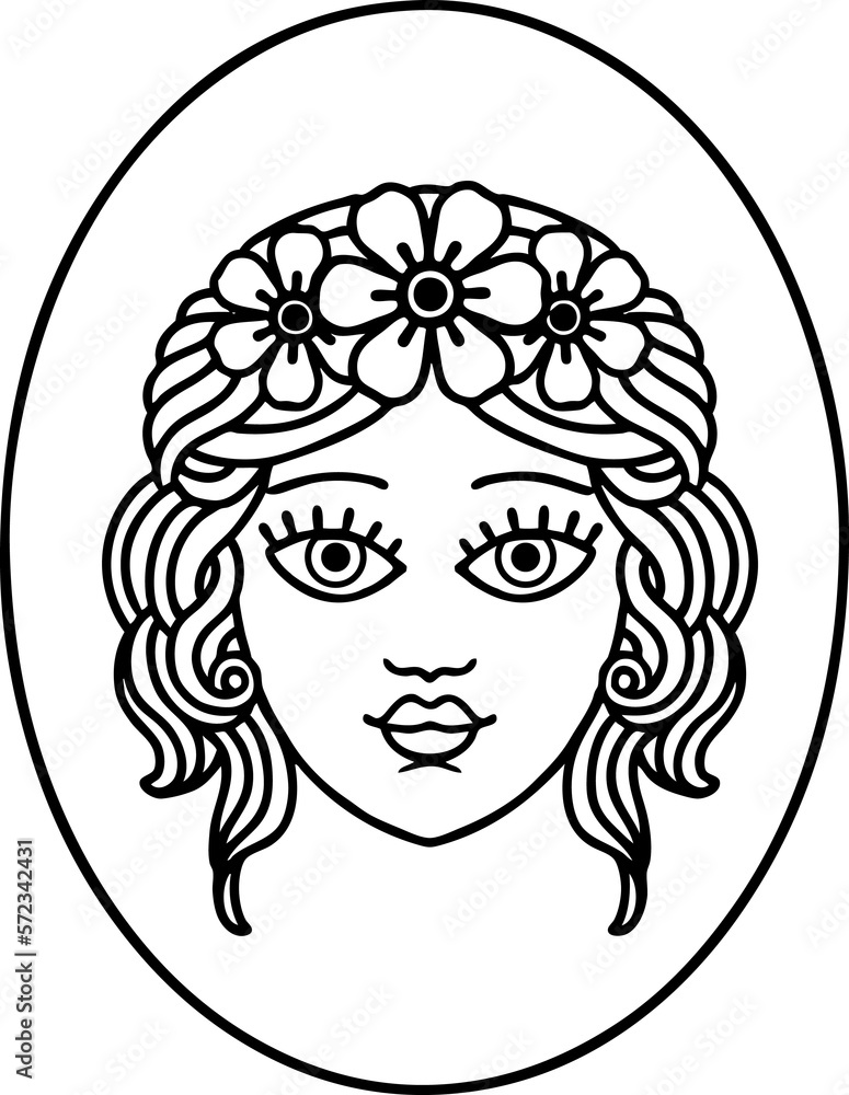 black line tattoo of a maiden with crown of flowers black line tattoo of a maiden with crown of flowers
