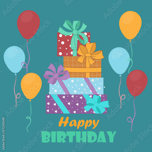 Birthday Card with Gift Boxes and Balloons. Vector Illustration