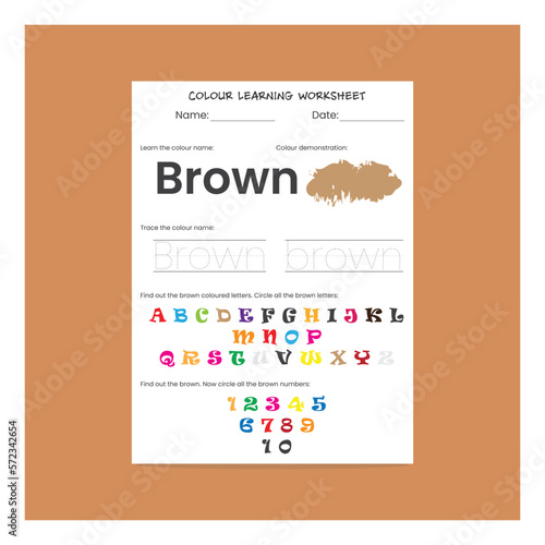 Brown Color recognition and spelling learning worksheet for kids. Unique children activity page.