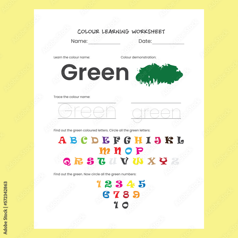 Green Color recognition and spelling learning worksheet for kids. Unique children activity page.
