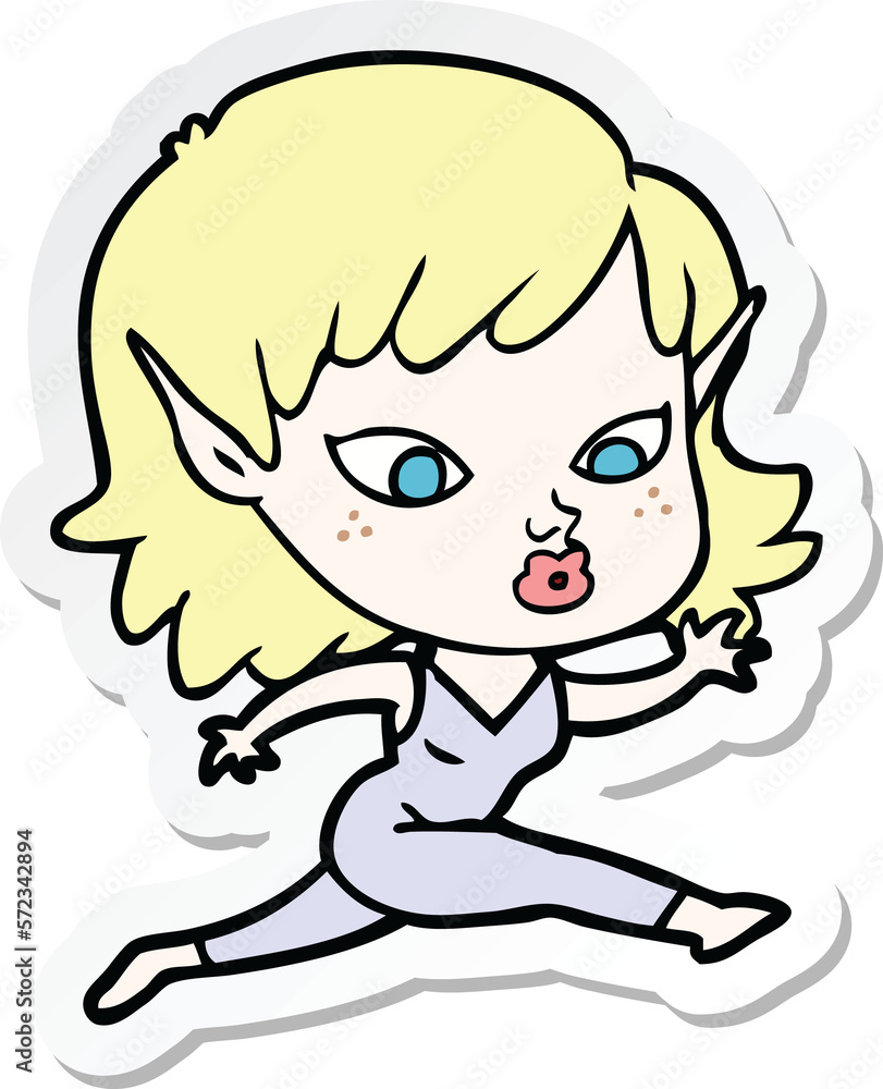 sticker of a pretty cartoon elf girl running sticker of a pretty cartoon elf girl running