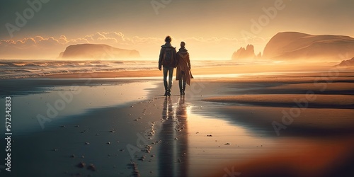 Couple walking on the beach, holding each other, back to back, romantic scene. Late afternoon. Generative AI. © andrenascimento