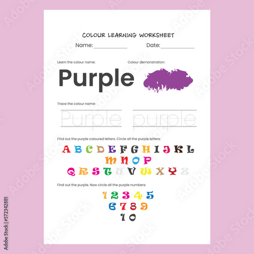 Purple Color recognition and spelling learning worksheet for kids. Unique children activity page.